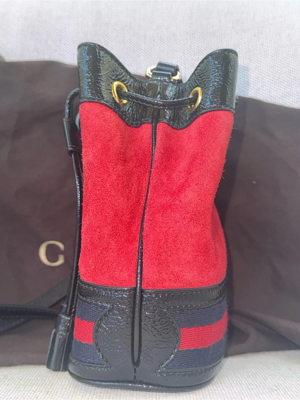 Gucci Ophidia Mini Red Suede and Black Accent Bucket Bag